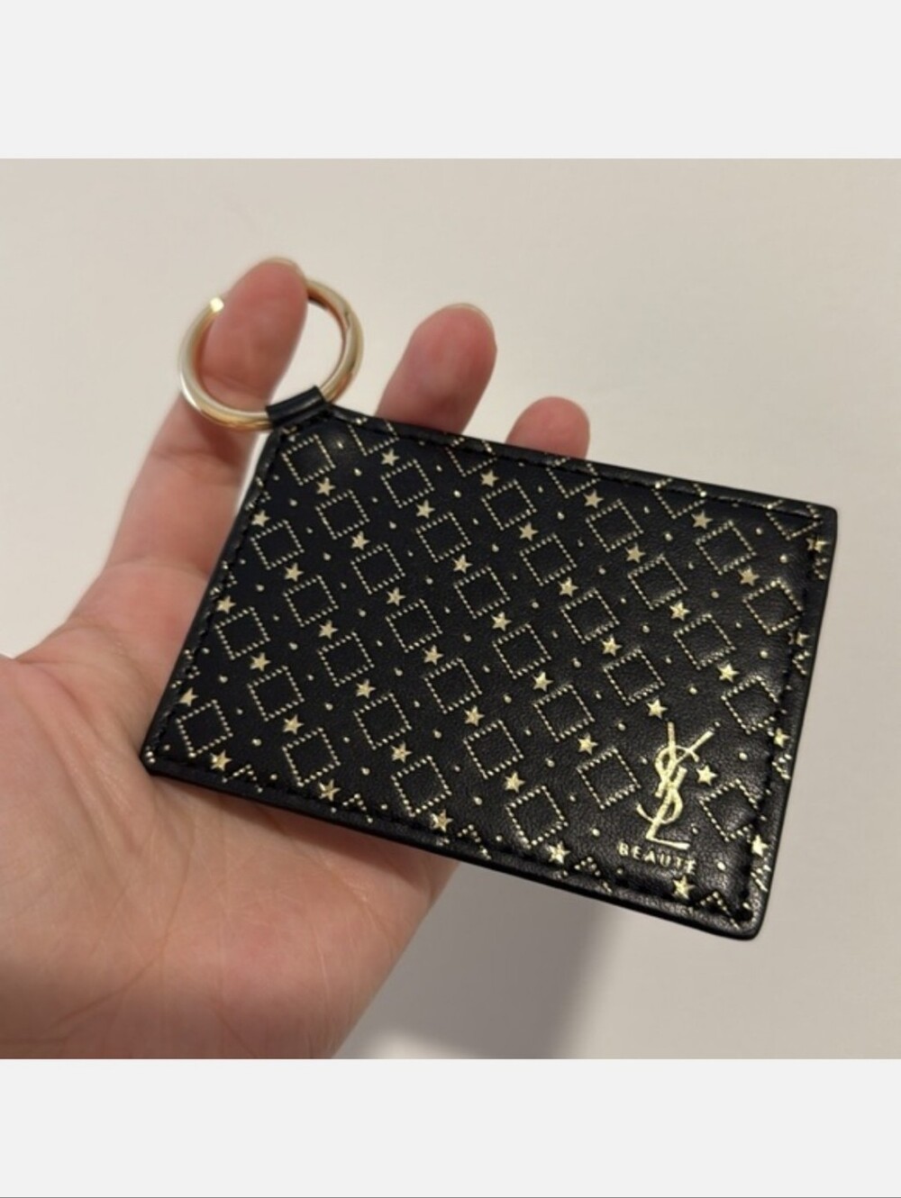 Yves Saint Laurent Black & Gold Mirror Cardholder Star Paterned W/ Key Ring. NEW - Picture 3 of 4
